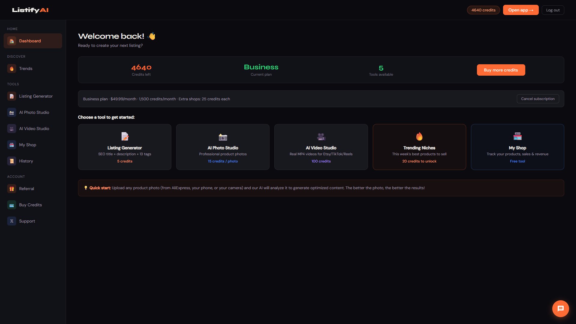 ListifyAI dashboard